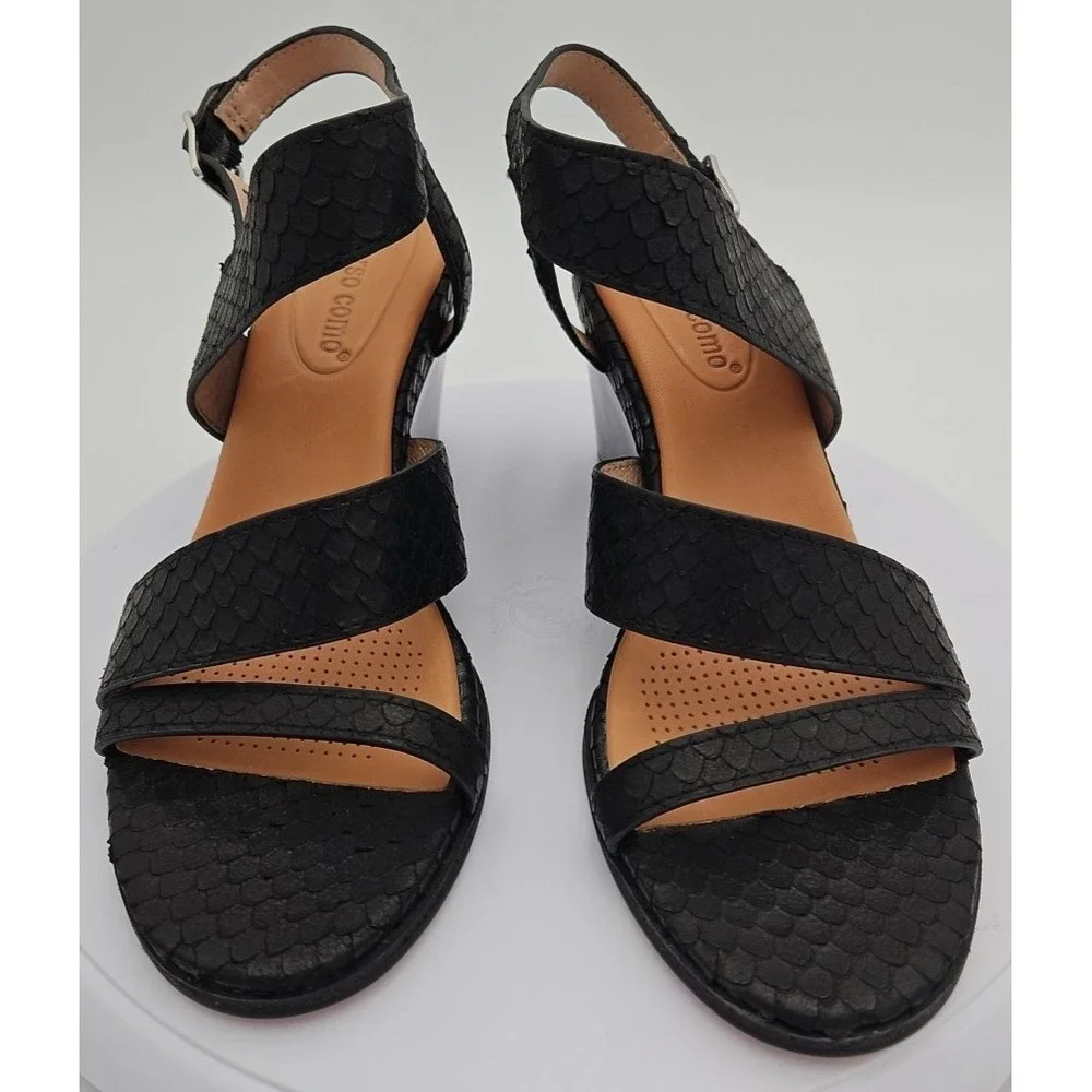CC Corso Como NASHILA Black Leather W/7.5 Snake Accent Wedge Strappy Sandal NWOB